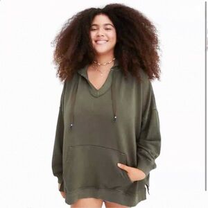 Aerie Barefoot Hoodie Oversized V Neck Green Sweatshirt Sweater Distressed XS